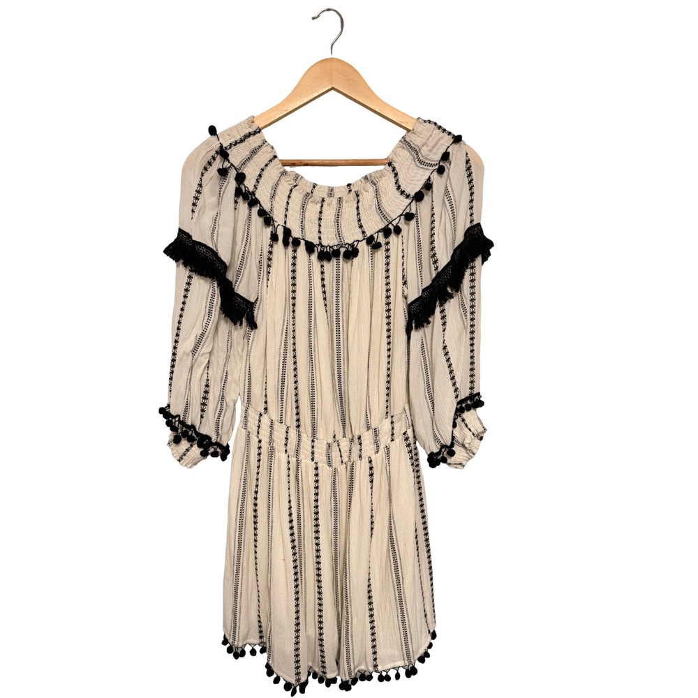 Tularosa Romper M White Black Pom Pom Boho Embroidered Festival